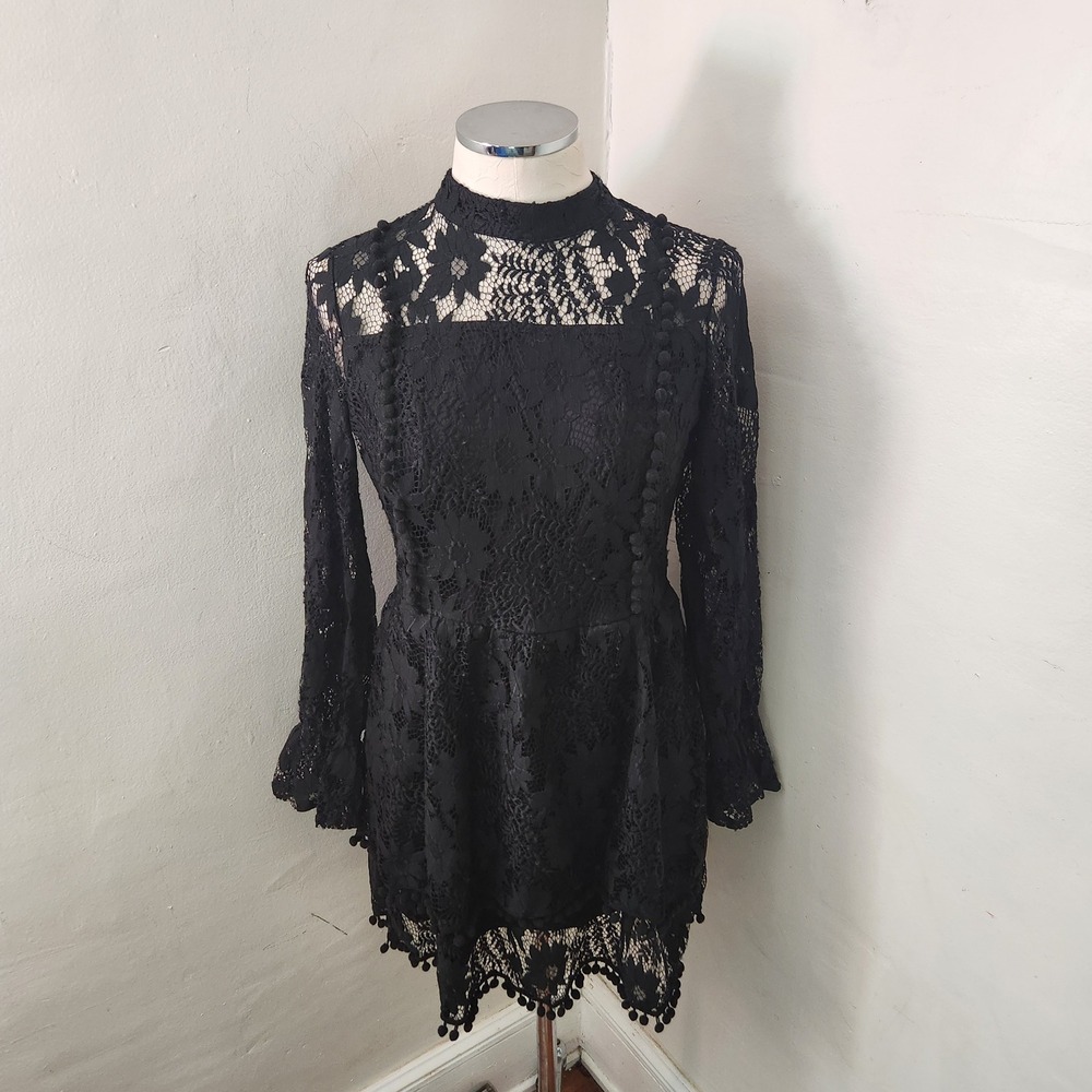 EillyBazar Black Lace Mock Neck‎ Mini Dress Long Sleeve Pom Pom Trim L